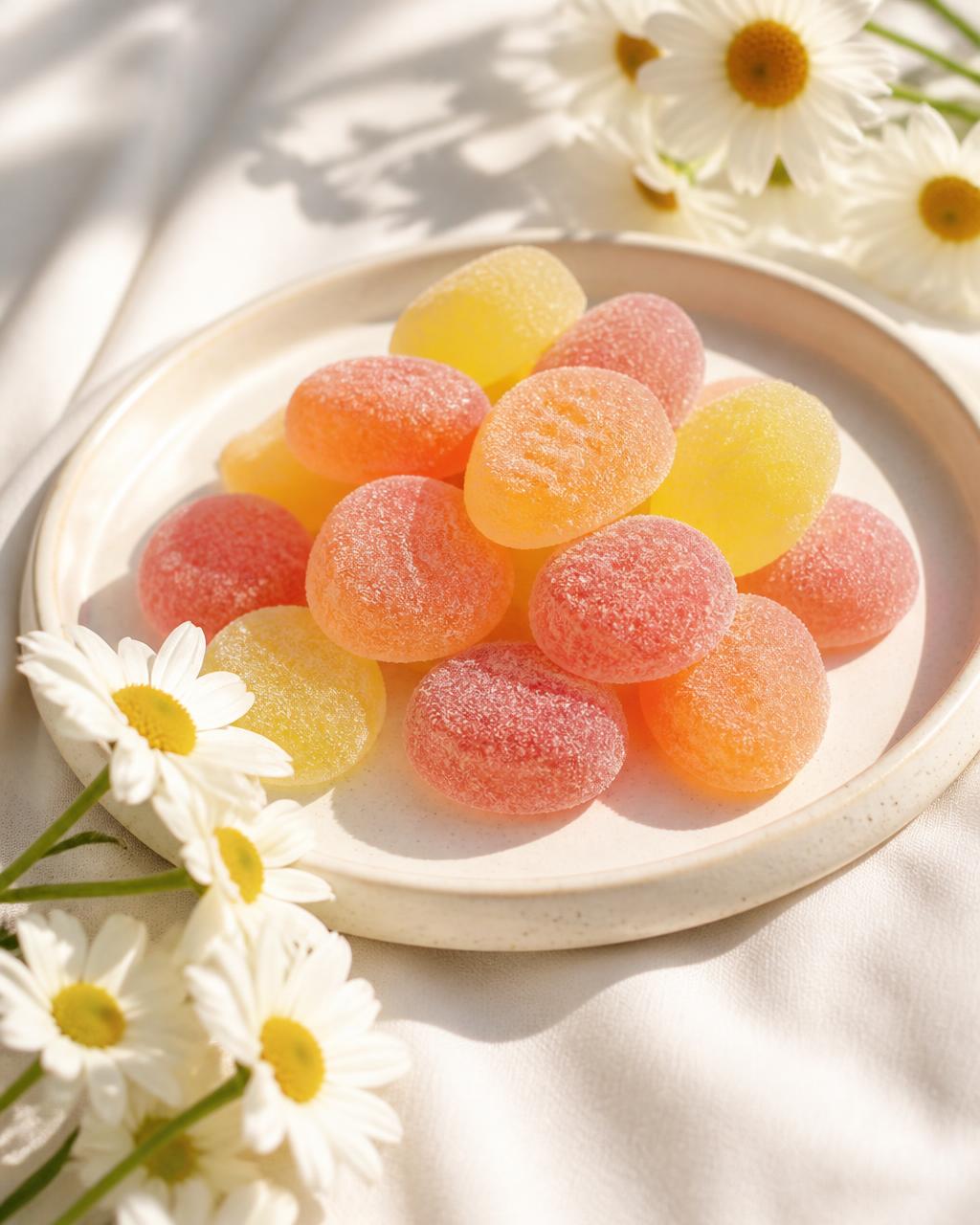 Sunlit plate of fruit gummies surrounded by white daisies