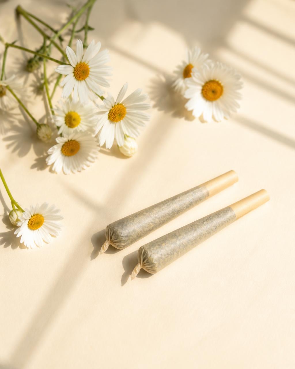 Two Dayzees live rosin pre-rolls resting on cream paper with daisies